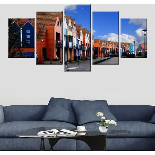 Colorful Street Building Poster Canvas Painting 5 Panel Home Decoration Wall Art Living Room Bedroom Mural