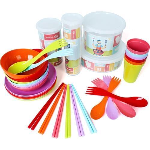 30pcs outdoor camping tableware set portable picnic barbecue childrens meal plate soup bowl water cup chopsticks fork spoon