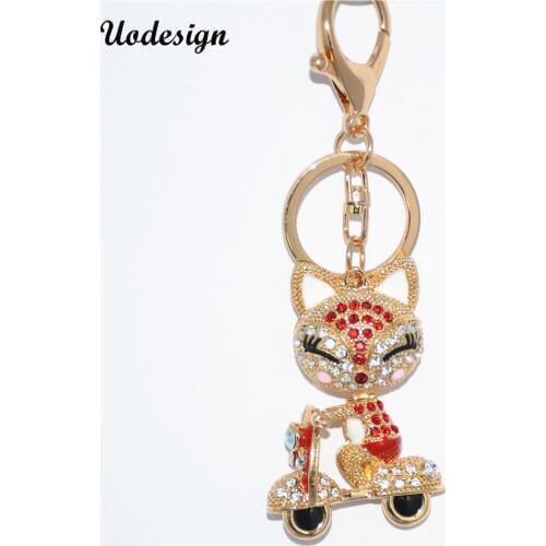 Uodesign New Lovely Cat Motorcycle Biker Crystal Rhinestone Metal Bag Pendant Keyring Keychain For Car Gift for Friend