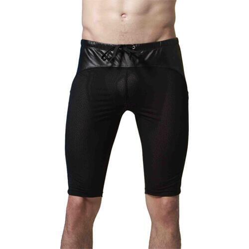 New Arrival Summer Mens Sexy Sleep Bottoms Faux Leather Splice Mesh Casual Pants Men Pajama Bottoms Home 2018 Plus Size