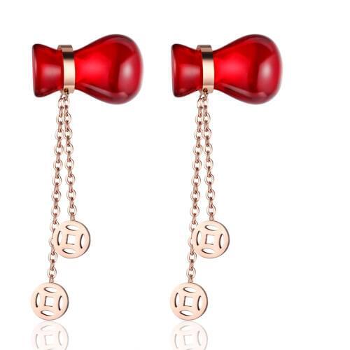Wholesale cute red gourd blessing bag copper money tassel earrings titanium steel earrings jewelry for women wedding gifts