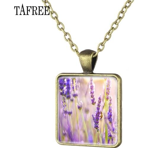 TAFREE Lavender Square Pendant Necklace Charming Attractive Antique Bronze Plated Statement Necklaces Couple Lovers Jewelry YC04