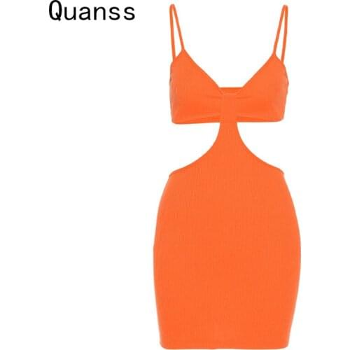 Quanss Women Dress 2021 Cut Out Sexy Bodycon Mini Dress Fashion Spaghetti Strap Backless Summer Dress Sleeveless Party Vestido