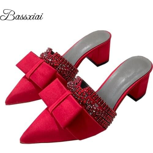Luxury Satin Butterfly-Knot Lazyman Mules Lady Sexy Pointed Toe Jeweled Rhinestone Med Heel Slingbacks Sandals Women