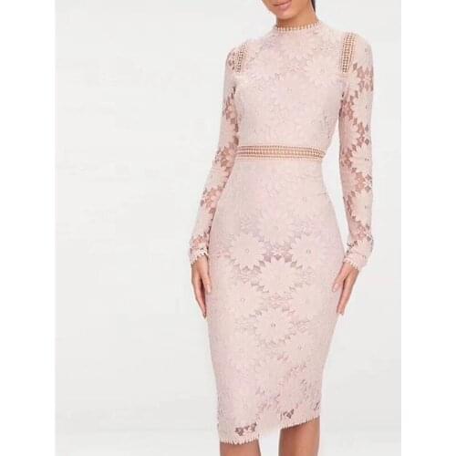 Sexy Long Sleeve Women Bandage Dress Elegant High Neck Chic Fancy Sunflower Lace Bodycon Party Dress Vestidos 2018 New