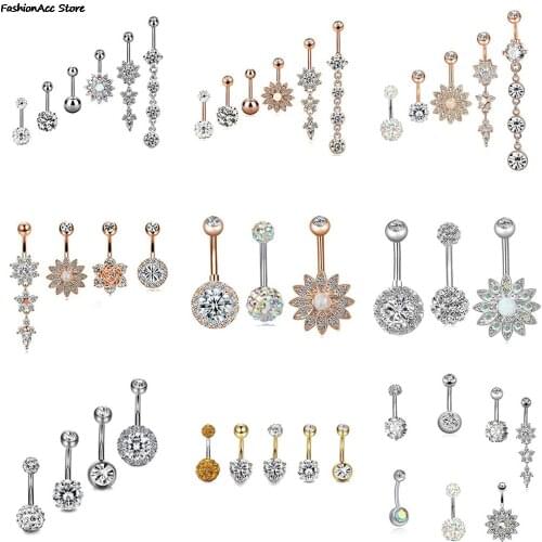 2/4/5/6/7Pcs/Set Surgical Steel Piercings 14G Navel Piercings Belly Button Piercing Dangle Earrings Belly Bar Sexy Body Jewelry