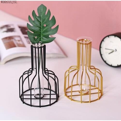 WDDSXXJSL Nordic golden wrought iron glass test tube hydroponic vase home dining table hydroponic flower arrangement vase decor