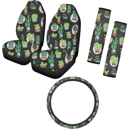 Cute Plant Cactus Design 5pcs/Set Car Protector Front Car Seat Covers Anti-Slip Car Steering Wheel Protection Seat Belt Covers