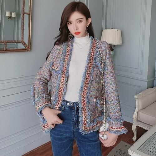 BLLOCUE Autumn Winter Colorful Tweed Jacket Coat Women Fashion Elegant V-Neck Long Sleeve Pearl Button Tassel Outerwear