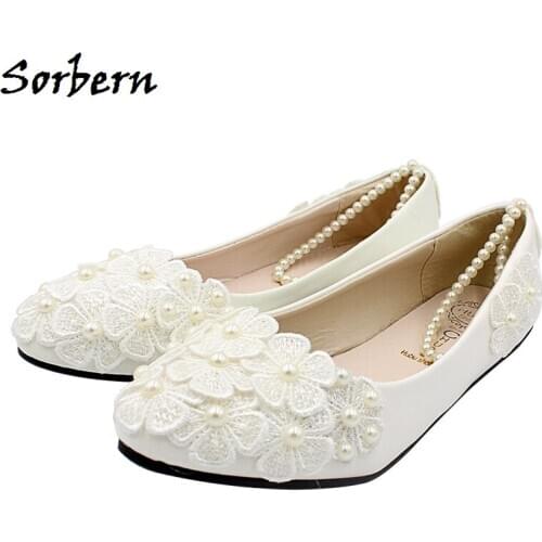 Sorbern White / Red Sunflower Flat Wedding Shoes Beading Ankle Strap 3Cm 5Cm 8Cm Heels Women Shoes For Brides Party Shoes