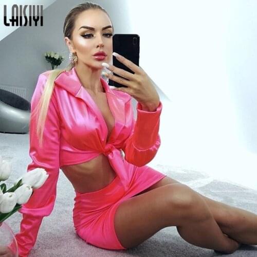 Women Silky Satin Two Piece Set Sexy V Neck Lace Up Crop Top High Waist Mini Skirt Set Women Party Suits Ladies Two Piece Summer
