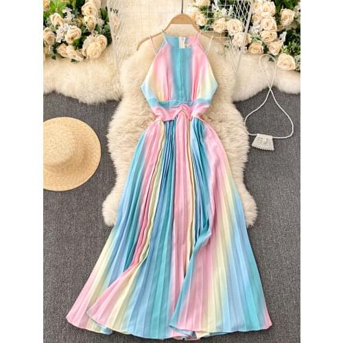 2021 Spring Temperament Vestidos Feminine Strapless Sling Square Collar Rainbow Gradient Color Slimming Holiday Midi Dress C361
