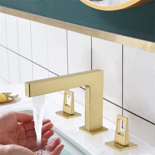Gold Modern Widespread Bathroom Sink Faucet in Brushed Gold 3 Hole 2 Handles Lavatory Faucet Basin Mixer Tap Solid Brass