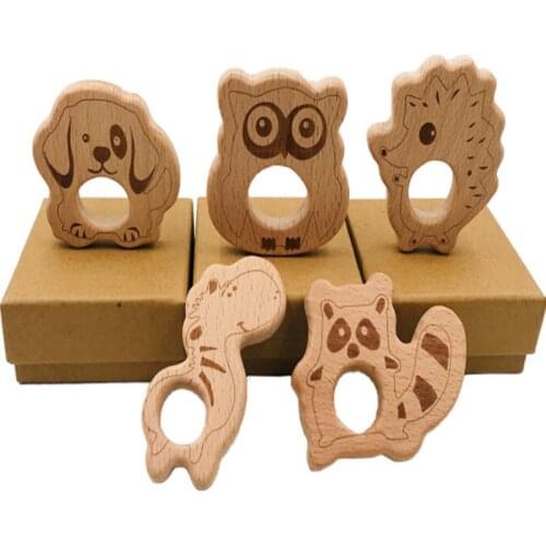 1 Pc Wooden Teether Wood Pendant Teething Toys Cute Animal Shape Food Grade Materials Organic Chew Gift Baby Teethers BPA Free