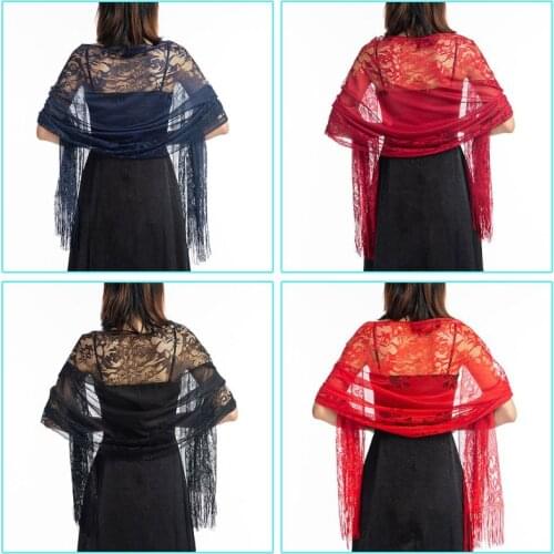 185x63cm Womens 1920s Scarf Wraps Hollow Out Crochet Floral Lace Fringed Tassels Wedding Cape Evening Party Vintage Shawl F3MD