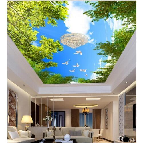 3d ceiling murals wallpaper custom photo Blue sky white cloud tree top rooom painting 3d wall murals wallpaper for walls 3 d