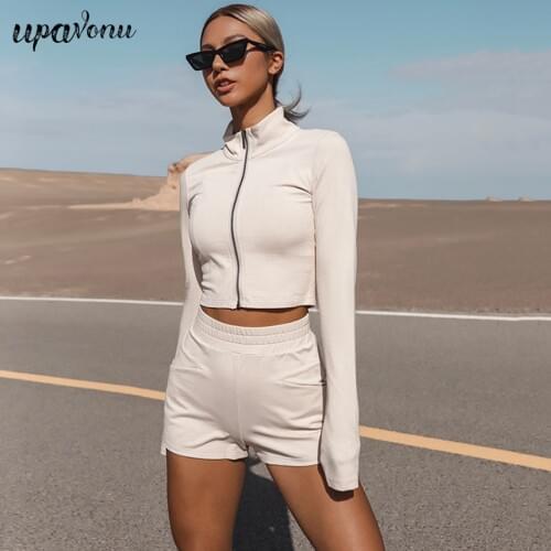 Free Shipping 2021 New Womens Stand Collar Yoga Zip Jacket Set Casual Long Sleeve Fitness Short Jacket & Shorts Two-piece Set