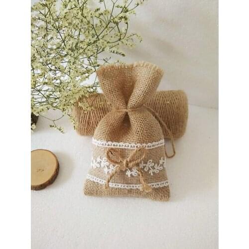 Free shipping DIY handmade Jute bag wedding lace candy bag Branch leaf Bow bag