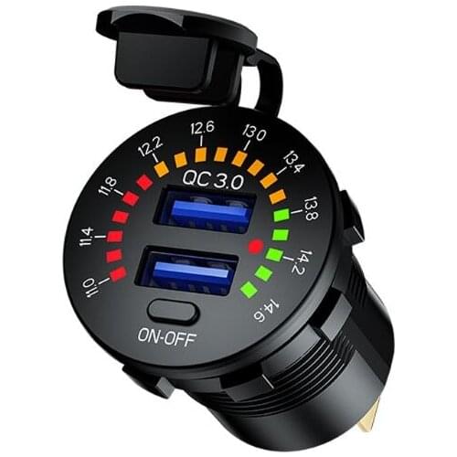 12V 24V Quick Charge 3.0 Dual USB Car Charger Waterproof 18W USB Outlet Fast Charge with LED Voltmeter ON OFF Switc
