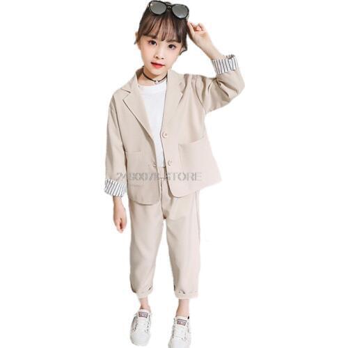 Girls Formal Blazer Suit Jacket + Pants 2pcs 2019 Kids Wedding Party Clothing Set Teenager Girls School Performance Suit