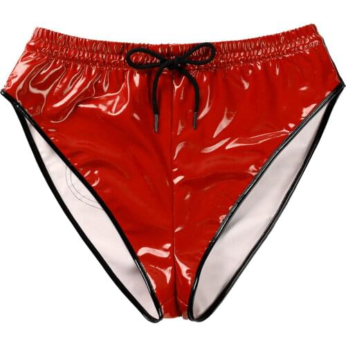 Men Underwear Briefs Sexy Red Solid Drawstring Elastic Waistband Shiny Patent Leather Shorts Nightwear Gay Male Bikini Panties