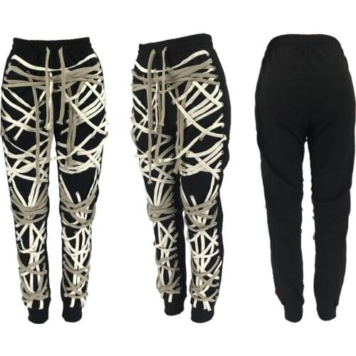 Elastic Drawstring Cross Female Trousers 2021 Autumn Jogger Women Cargo Pants Ribbon Bandage High Waist Club Streetwear