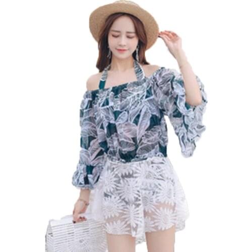 Korean Version of Ins Conservative Swimsuit Womens Small Fresh Split Skirt-style Steel Plate Gathered Sexy Bikini Three-piece