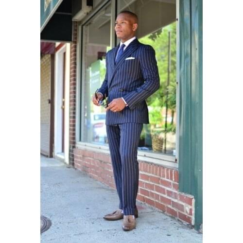 Custom Made Blue Stripe Double Breasted Terno Masculino Groom Dress Men Suit For Wedding Mens Suits 2pieces(Jacket+Pants)
