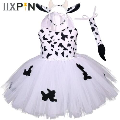 Kids Girls Cosplay Costumes Cow Print Pattern Fancy Dress Up Performance Party Halloween Costumes Childrens Role Play Clothes