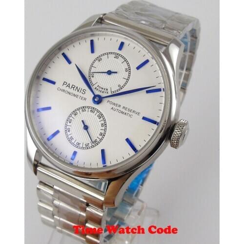 PARNIS 43mm Automatic Men‘s Wristwatch White dial Power reserve ST2542 Bracelet blue marks numbers polished bezel