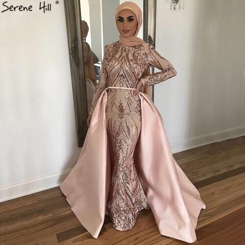 Dubai Peach Luxury Mermaid Vintage Evening Dress Sequined Long Sleeves With Train Evening Gowns 2020 Serene Hill BLA6613