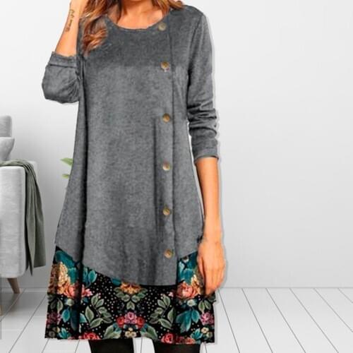 Women Midi Dress Boho Print Color Block Shirt Round Neckline Shift Long Sleeve Pocket Dress New Fashion Street kobieta sukienka