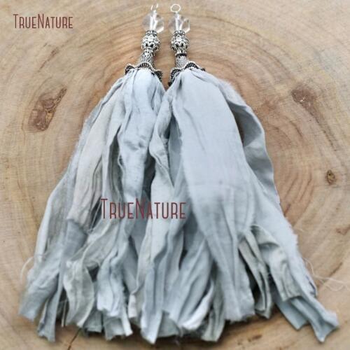 Gray Sari Silk Tassel Pendant Bronze Handcrafted Light Gray Sari Silk Tassel Pendant Boho Chic Jewelry In 6.8 inch PM9046