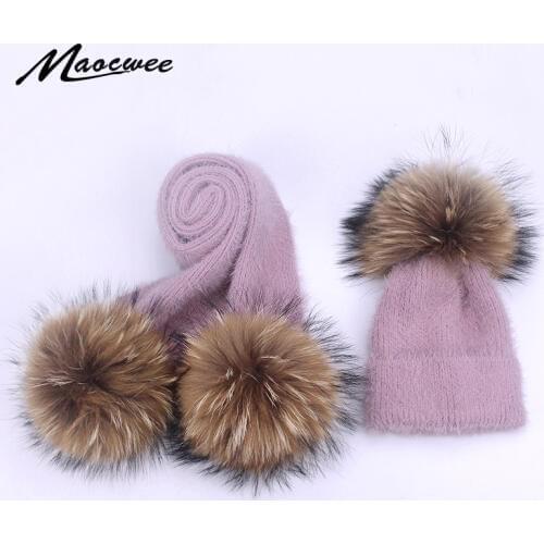 Hat Scarf Set Parent-child Beanies Hats Crochet Knitted Children Wool Soft Solid Real Fur Pom Pom Autumn Winter Women Wool