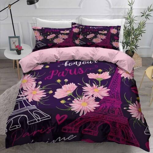 Modern Paris Tower Floral Print Microfiber Soft Bed Linen Set for Girls Bedroom Single and Double Full Size Bedding