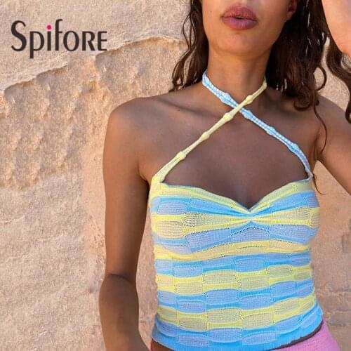 Spifore Sexy Halter Knitted Tops Summer Sleeveless Striped Knitting Off Shoulder Women Crop Tops Y2K