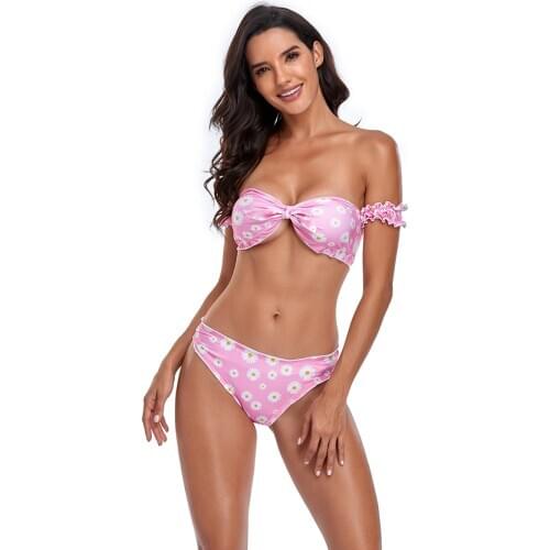 Knot Ruffle Bikini 2020 Micro Floral Print Swimsuit Women Off Shoulder Bandeau Swimwear Female Frill String Bathing Suit New
