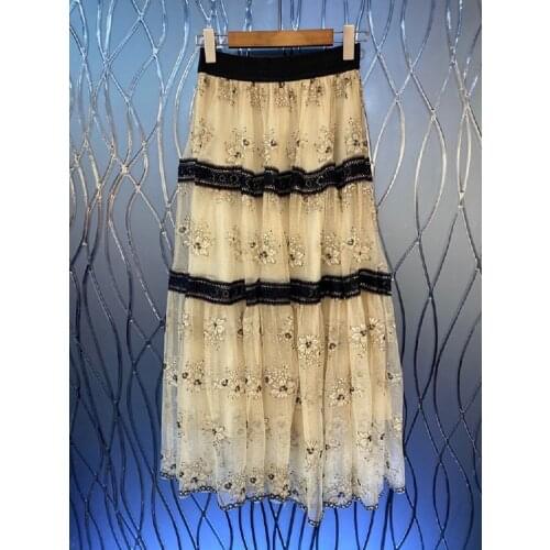 High Quality New Long Skirts 2021 Autumn Winter Fashion Women Elastic Waist Lace Embroidery Apricot Blue Black Long Maxi Skirt