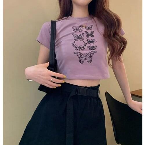 E-girl butterfly graphic print stitching purple crop tops o-neck short sleeve t-shirt Y2K summer Grunge style vintage clothing