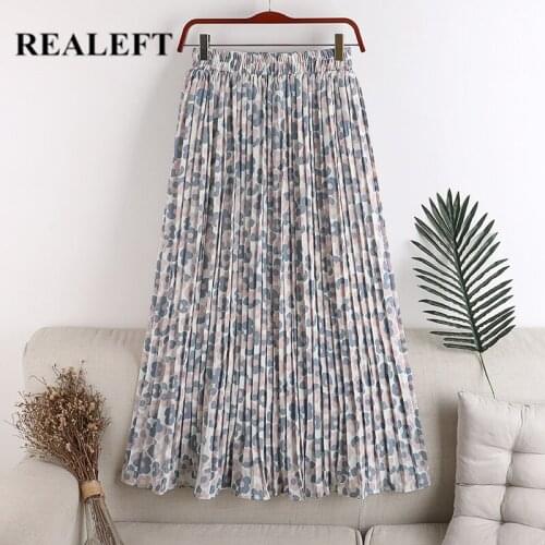 REALEFT Summer New 2021 Chiffon Floral Print Tulle Pleated Womens Long Skirts High Waist Loose Female Umbrella Skirts Girls