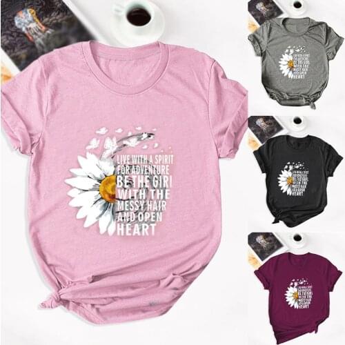 Women Casual O Neck Short Sleeve Sunflower Letter Print Loose T-shirt Top Soft Cheap Cotton Tops Summe clothing