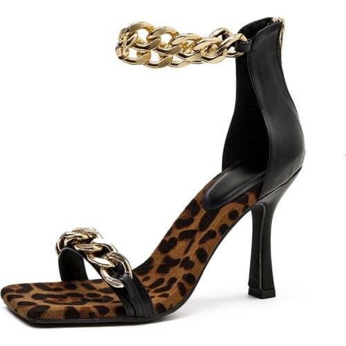 Womens Metal Chain Open Toe Stilettos High Heel Sandals Shoes Roman Leopard Pattern Plus Size Sexy New 2021