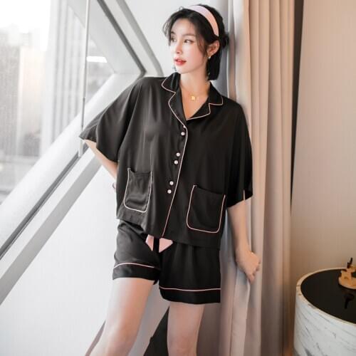 Womens Pajamas Set Sexy Silk Satin Turn-down Collar Nightgown Sleepwear Short Sleeve Shirts With Pocket Shorts set