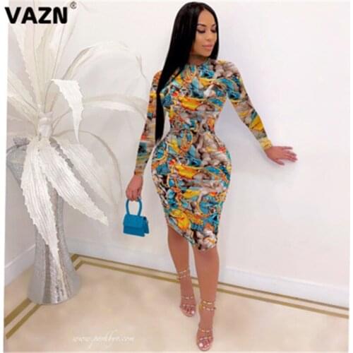 VAZN New Shinny Colorful Night Party Club Young Dress 2020 Full Sleeve High-neck Lady Short Mini Dress