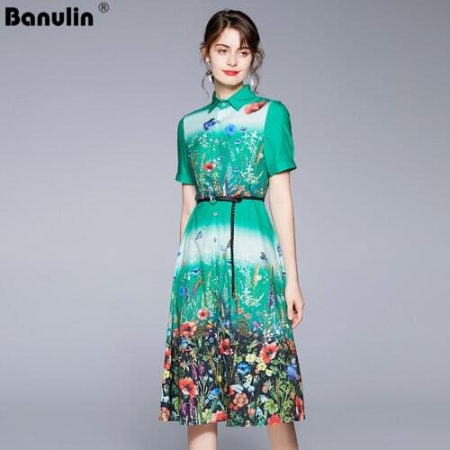 Banulin Runway Summer Midi Dress for Women 2021 Elegant Turn Down Neck Single Breast Floral Print Bow Belt OL Shirt Dress N78586