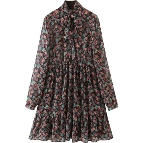 Women Floral Print Chiffon Dress Summer Boho Bow Folds Ruffle Long Sleeve Elegant Beach Party Streetwear Casual Female Dresses