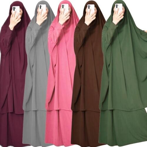 2PCS Muslim Prayer Garment Abaya Set Women Niqab Burka Saudi Arabia Hijab Long Khimar Ramadan Jilbab Skirts Ramadan Worship Robe