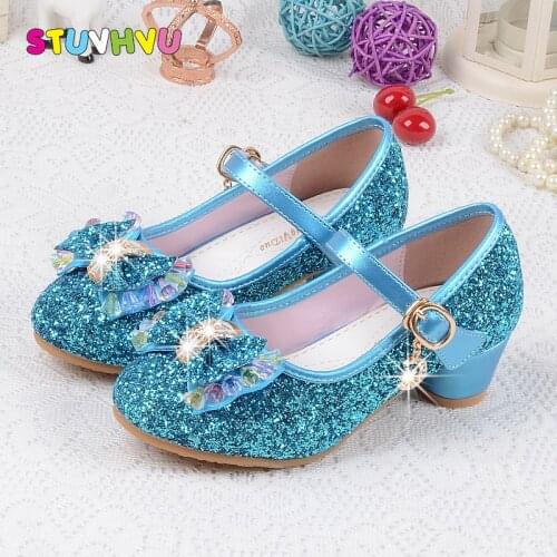 2021 New Girls High Heels Sequined Leather Princess Shoes for Girls Wedding Party Dance Children Shoes Blue Pink Gold Silver