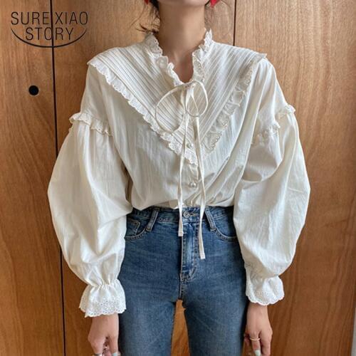 2021 Loose Clothing Blusas New Cotton Vintage Elegant Tops Women Shirt Korean Style Solid Long Lantern Sleeve Women Blouse 9580
