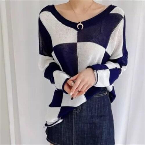2021 Plaid Thin Pullovers Sweaters Elegant Women Tops Knitwear Full Sleeves Chic Loose Stylish Femme Casual Outwear